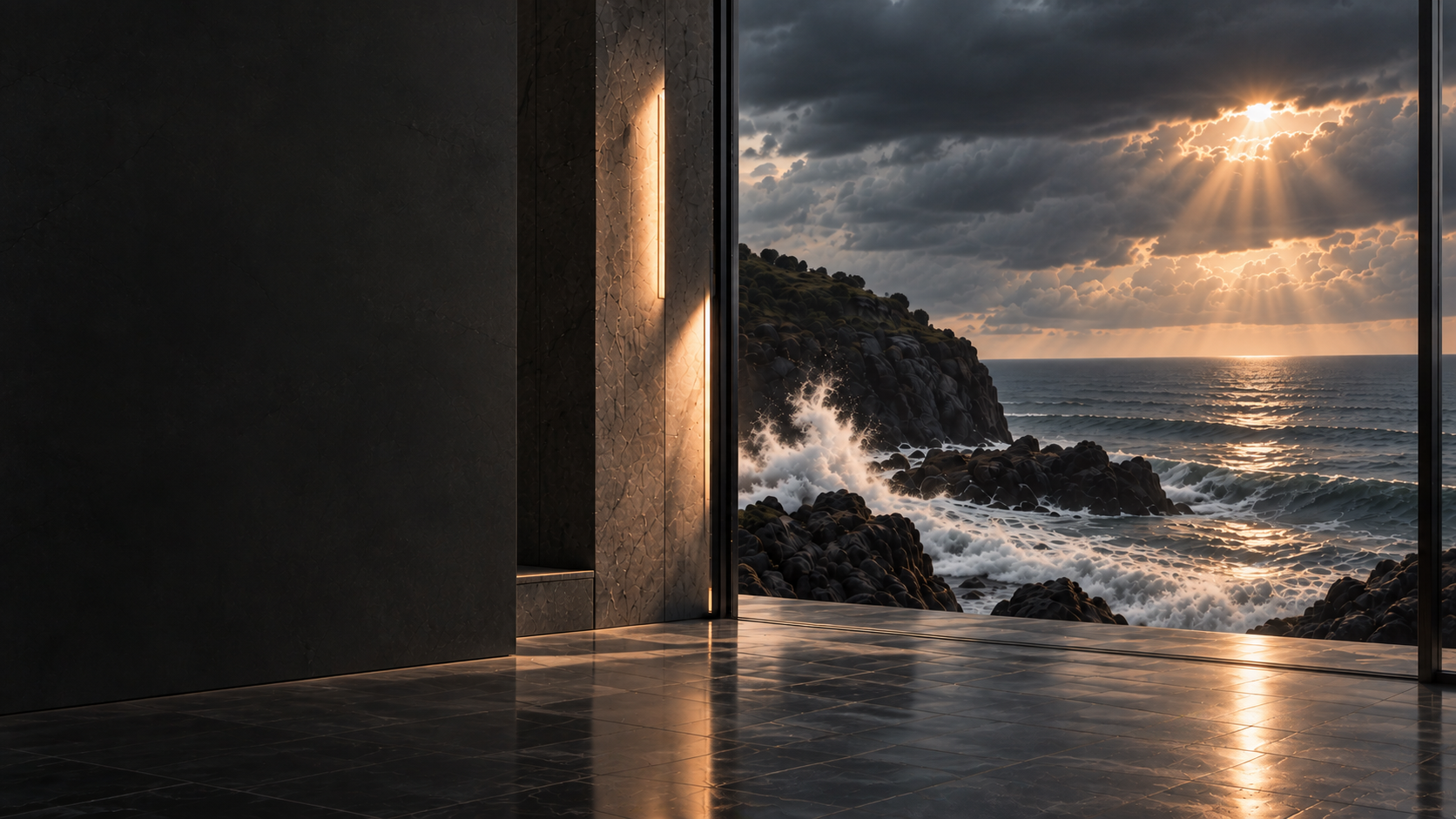 Dark architectural interior opening to a storm-lit ocean