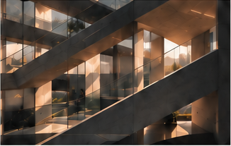 Layered modern architecture in warm light
