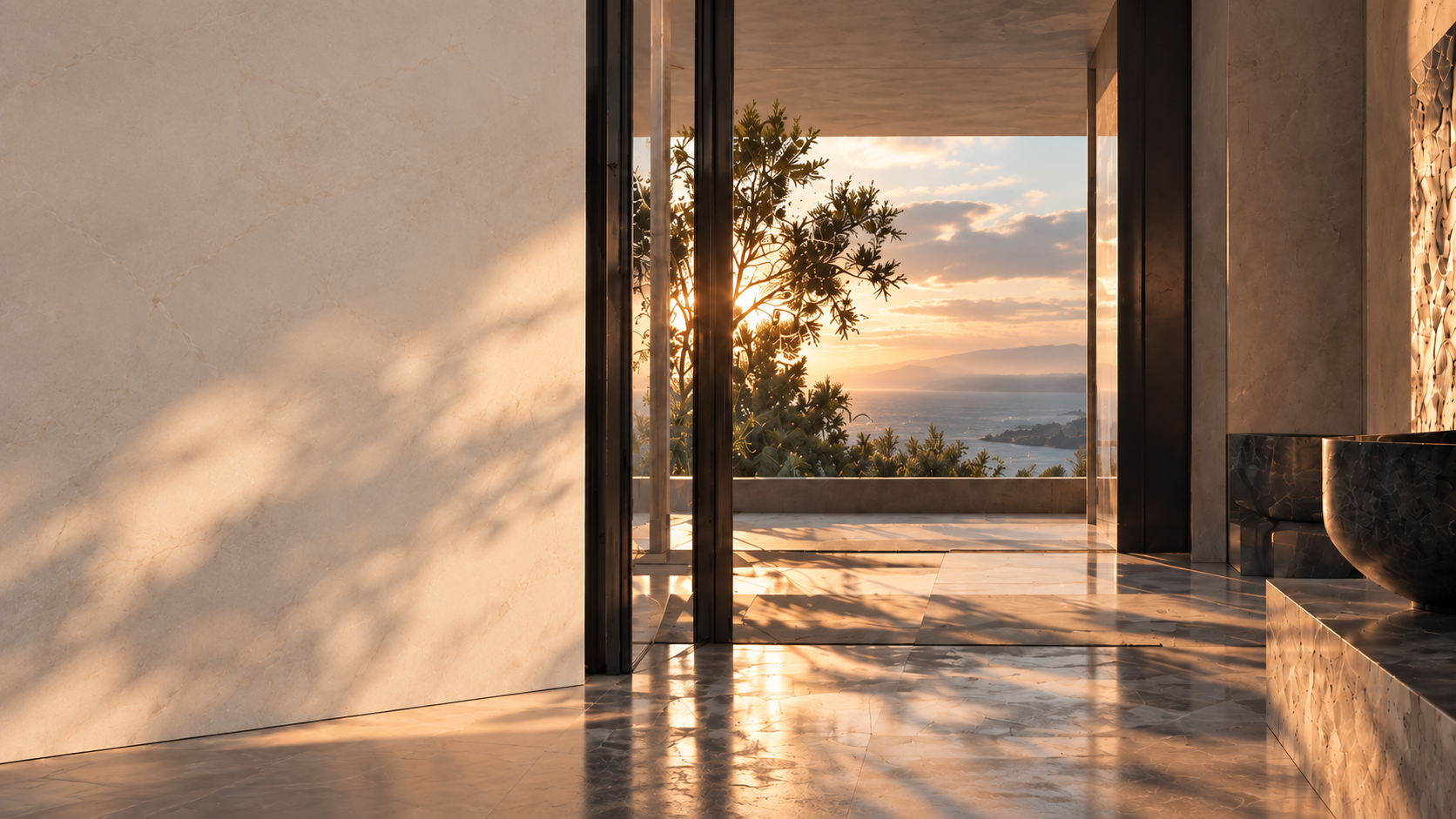 Open architectural interior overlooking the coast at sunset
