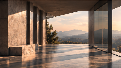 An expansive modern interior opening toward mountains