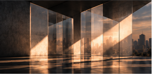 A reflective architectural space in warm light