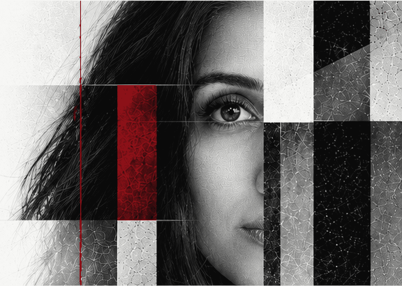 Monochrome partial portrait of Heather Barahmand within a textured geometric collage