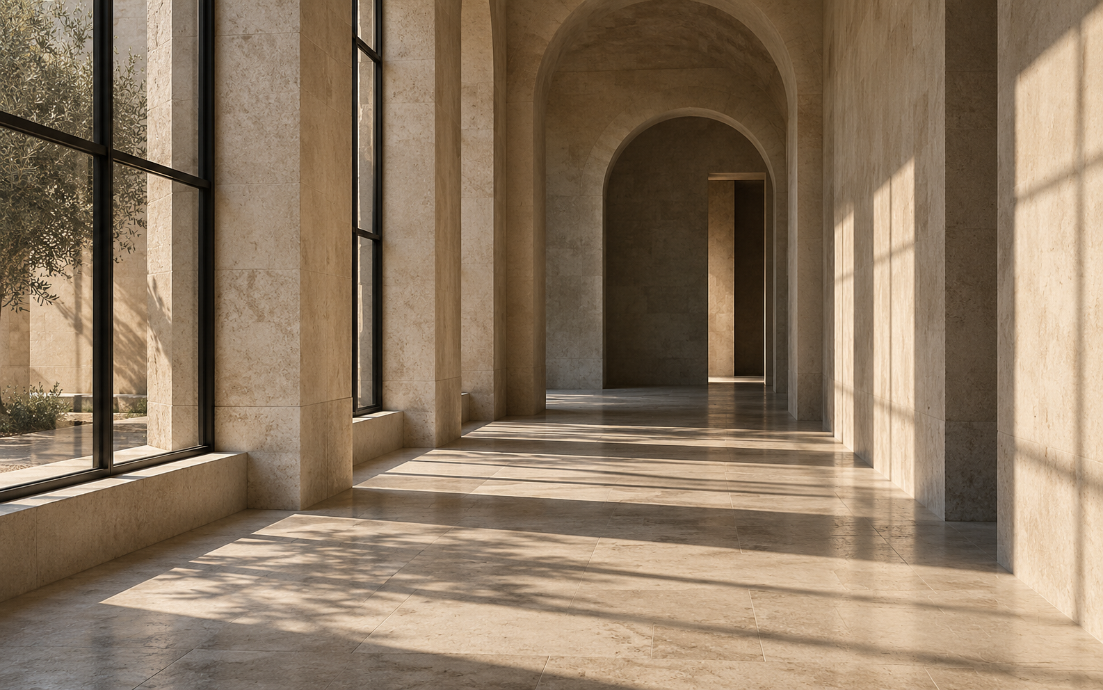 Warm light across an arched stone corridor