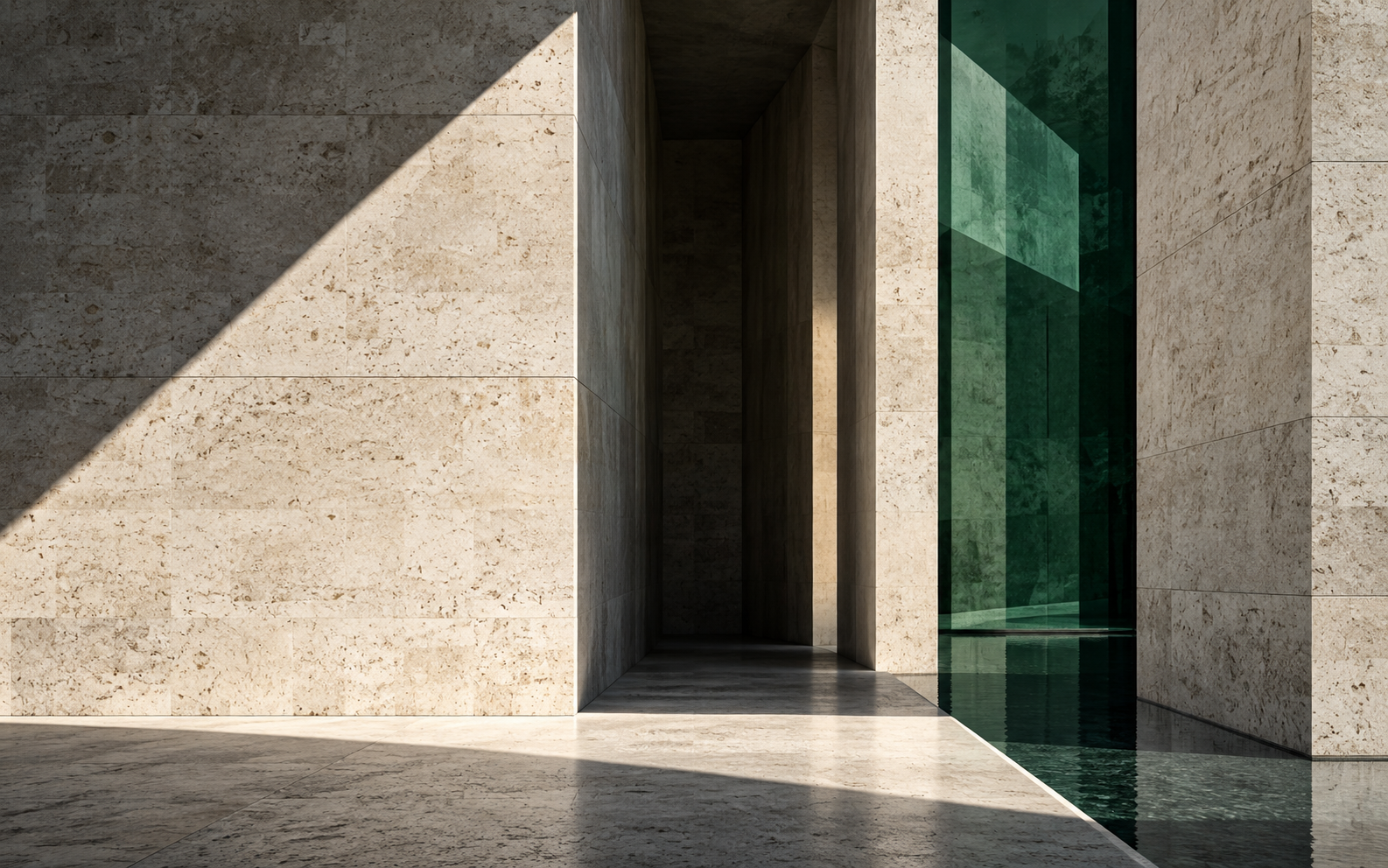 Stone architecture intersected by muted emerald glass