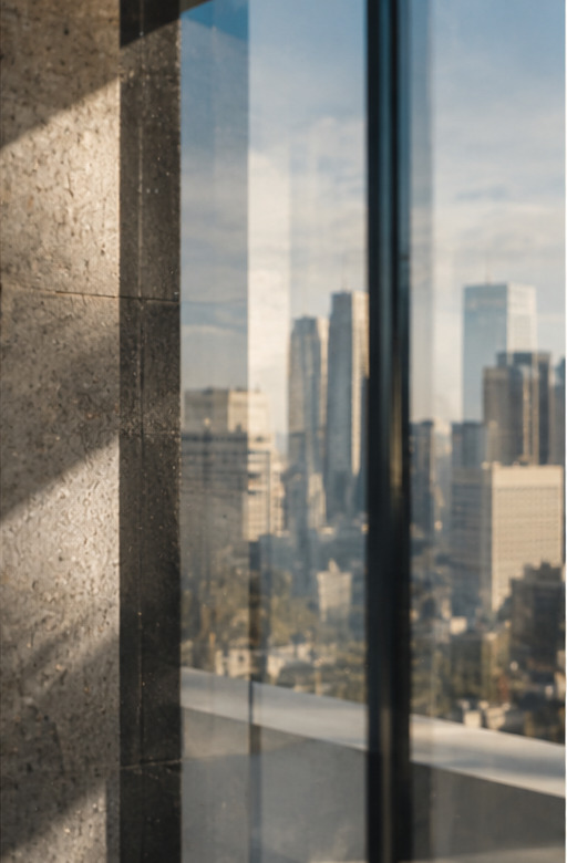 City seen through stone and glass
